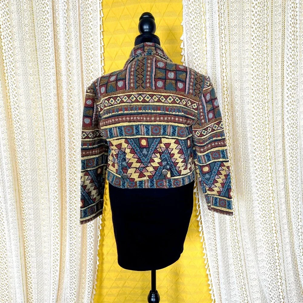 VTG 90s Cropped Boho Western Aztec Tapestry Jacket 100% Cotton To Die For Size S - Picture 3 of 9